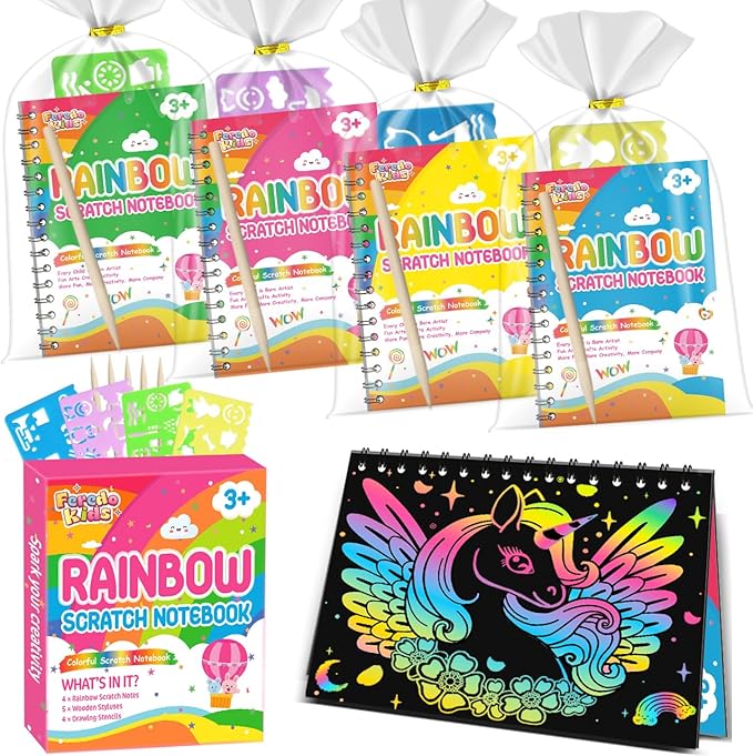 Party Favors for Kids: 4 Pack Rainbow Scratch Art Notebook Students Classroom by FEREDOKIDS