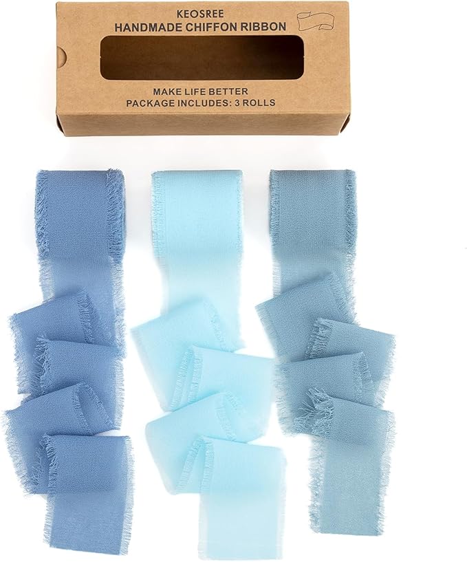 Baby Blue Dusty Blue Handmade Chiffon Ribbon, 1.5" x 21Yd Frayed Silk Ribbons by KEOSREE