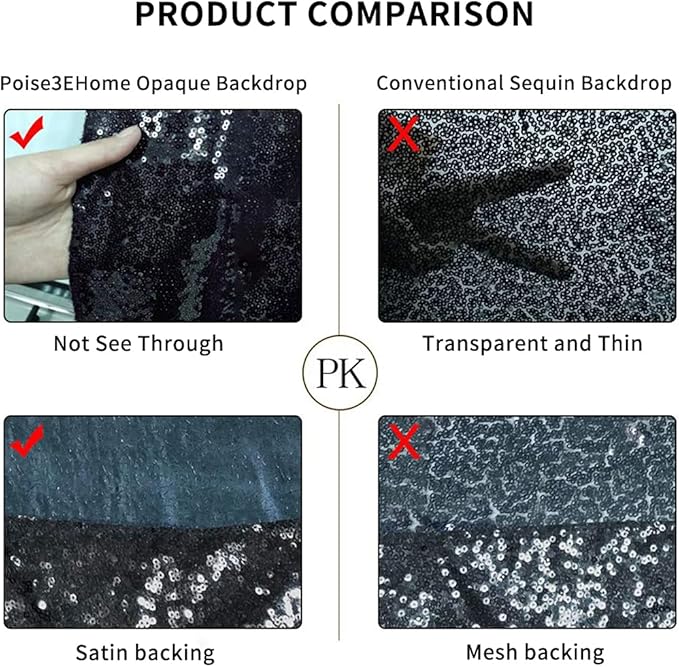 Poise3EHome 10Ft x 10Ft Black Sequin Backdrop Curtain, Glitter Thick Satin - Image 9