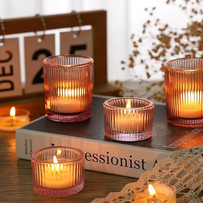 24 Pcs Glass Votive Candle Holders – Assorted Ribbed Pink Tea Light Holders Bulk - Image 3
