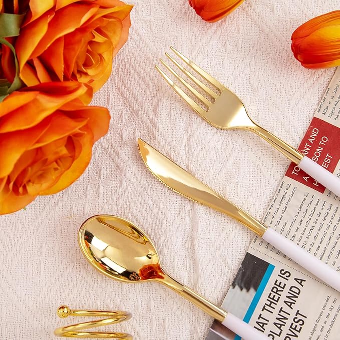 Rubtlamp 96 Pcs Gold Plastic Silverware, Cutlery Set Disposable Includes: 32 - Image 4