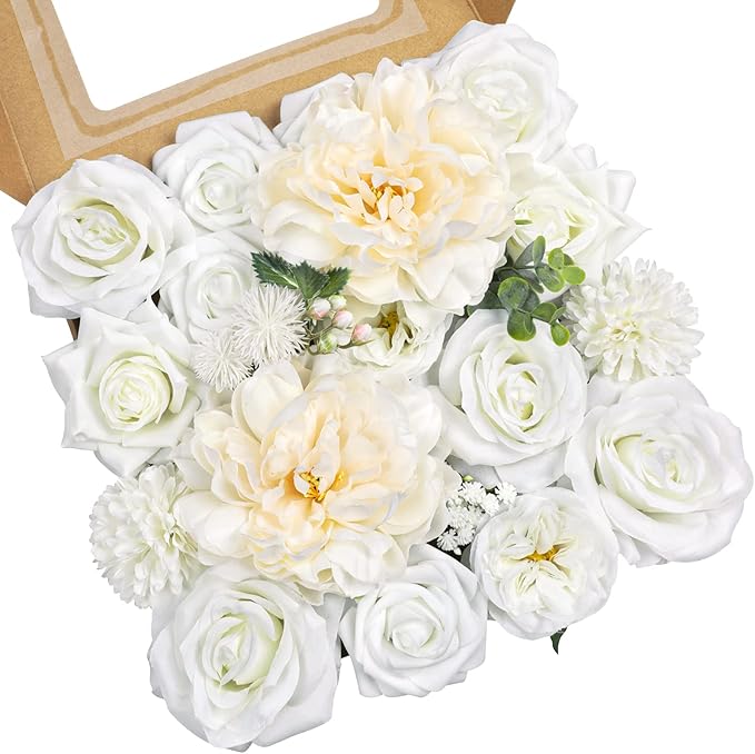 AmyHomie White Artificial Flowers Combo Silk Mix Peony Rose Hydrangea Daisy by AmyHomie