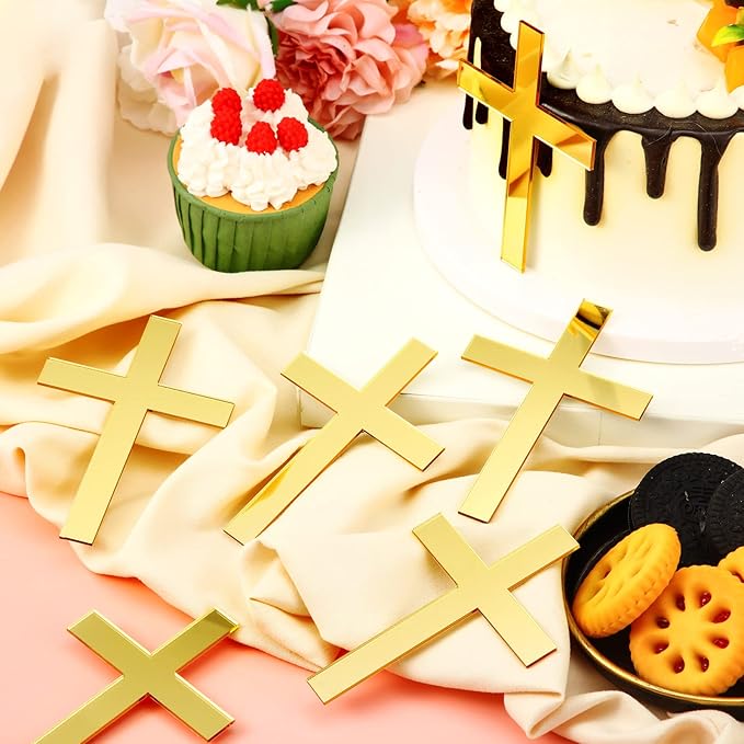 Blulu 16 Pieces Baptism Cake Toppers Crossing Cupcake Toppers Gold Mirror - Image 5