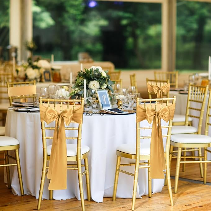 50 PCS Gold Satin Chair Sashes Bows Universal Chair Ribbon Ties Back Sash - Image 5