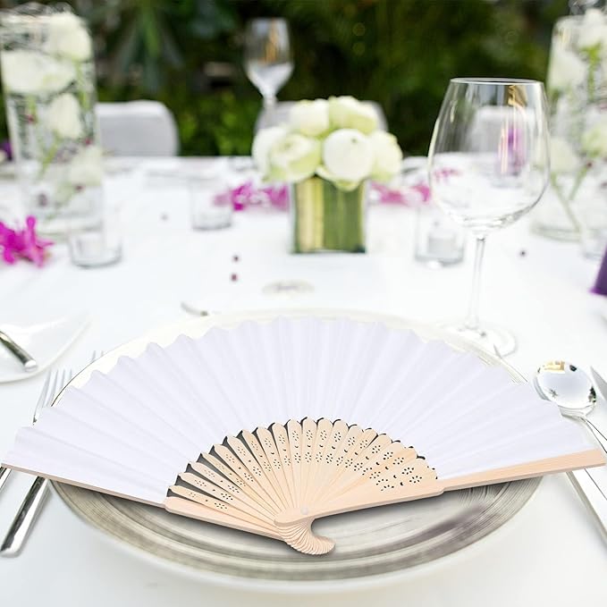 MCEAST 60 Pieces Wedding Handheld Paper Fans White Bamboo Folding Paper Fans - Image 6