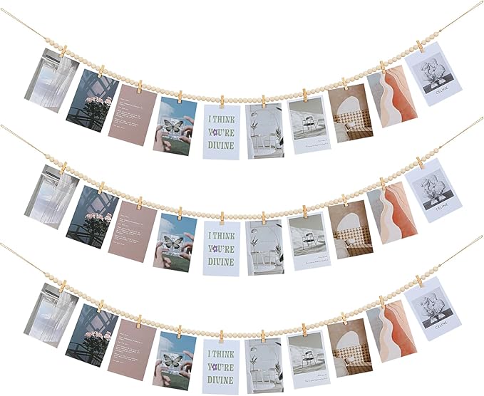 Hanging Photo Display with Clips, Boho Wooden Bead Garland Collage Picture by KLOGTSINDDirect