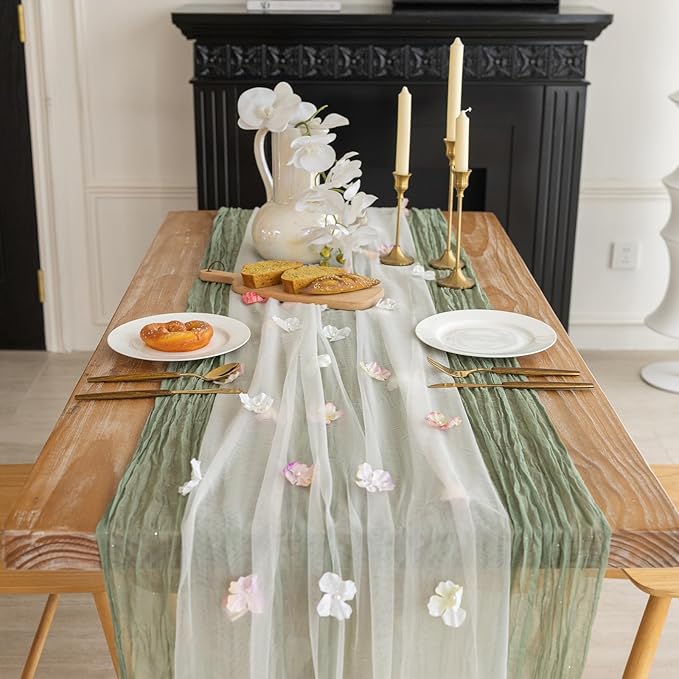 Romantic Artificial Floral Table Runner 10ft Gauze Tulle Lace Table Runner Set - Image 6