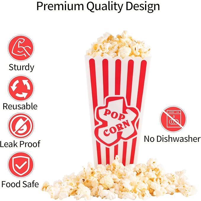 Plastic Popcorn Containers Red & White Striped Retro Style Reusable Popcorn - Image 2