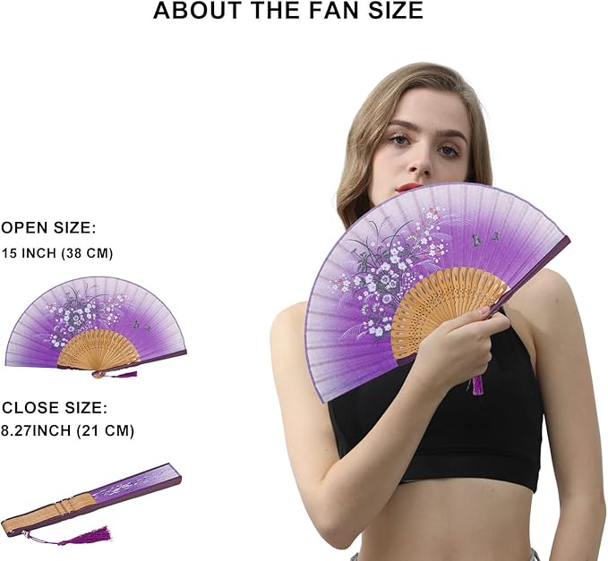 Amajiji 8.27" Hand Held Bamboo Silk Folding Fan Hand Fan, Chinese/Japanese - Image 2