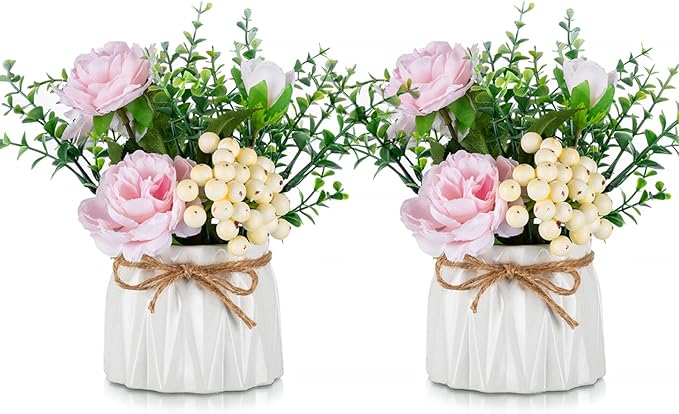 BLOSMON Table Decor Artificial Flowers Vase 7 Inch Small Fake Pink Flower by Blosmon