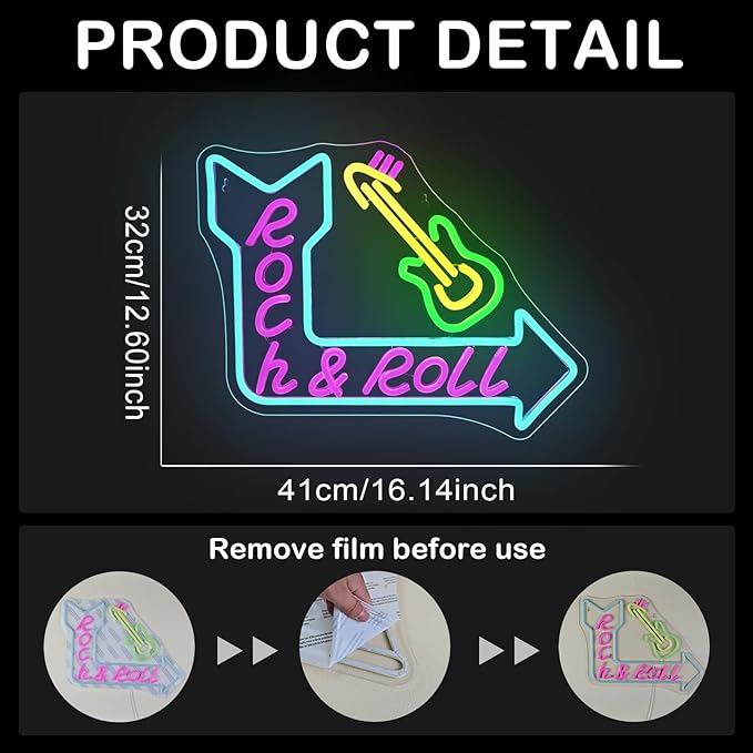 Rock Roll Guitar with Arrow Neon Sign, USB Powered Dimmable, Retro Music-Themed - Image 5