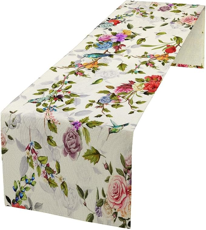 Vintage Bird Flower Table Runner Seasonal Spring Summer Garden Plants Farmhouse by SHElifestyle
