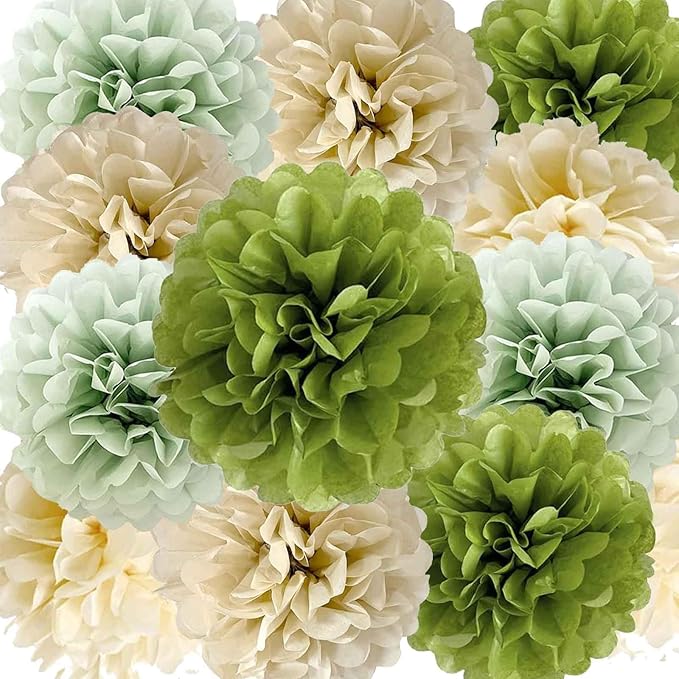 We Moment Olive Sage Green Cream Ivory Tan Tissue Paper Pom Poms Party by We+Moment