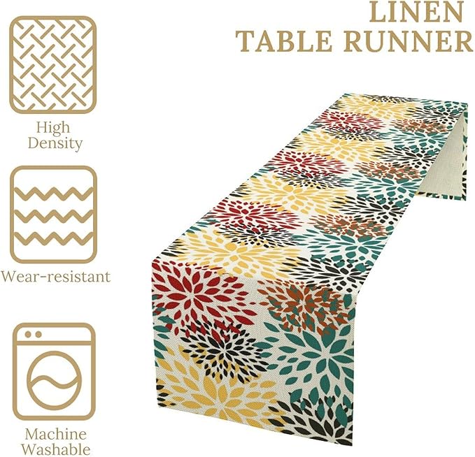 Green Red Dahlia Flower Table Runner Chrysanthemum Geometric Kitchen Dining - Image 6