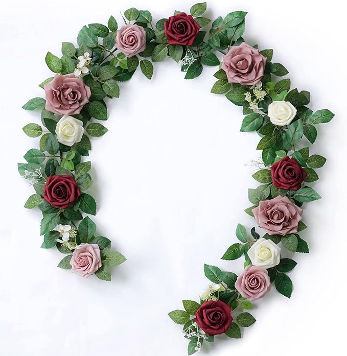 PONATIA 5FT Burgundy Artificial Flowers Garland, Dusty Rose Flowers Garland by ponatia