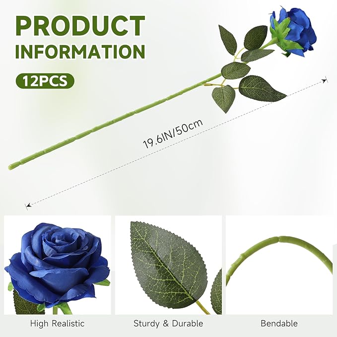 Tifuly Royal Blue Roses Artificial Flowers -12 pcs Realistic Single Long Stem - Image 2