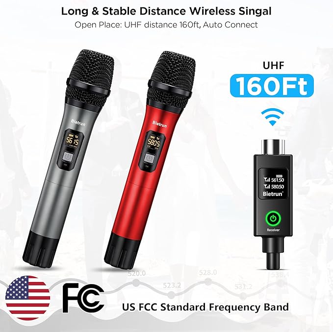 Bietrun XLR Wireless Microphone, UHF Dual Handheld Dynamic Metal Mic Set - Image 2