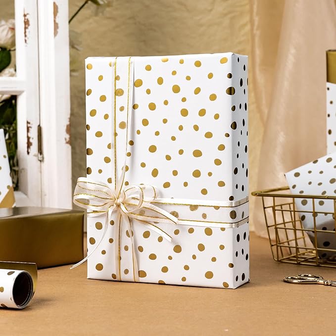 Burymento Golden Lrregular Wave Point Wrapping Paper, Reversible Gold Gift Wrap - Image 2