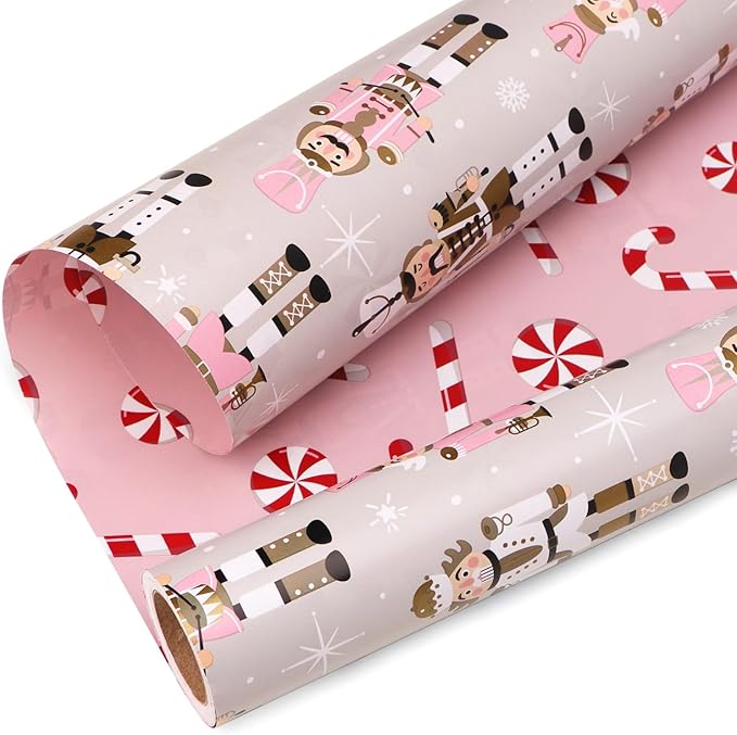 Ribbli Reversible Christmas Wrapping Paper Rolls, Nutcracker and Candy Cane by Ribbli