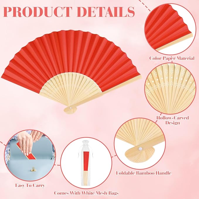 12 Pieces Red Hand Held Bamboo Folding Fans Paper Fans Handheld - Image 3
