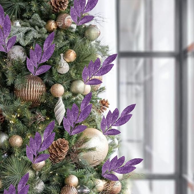 GREENTIME 12 Pack Artificial Purple Glitter Leaves 13" Fake Christmas Picks - Image 4