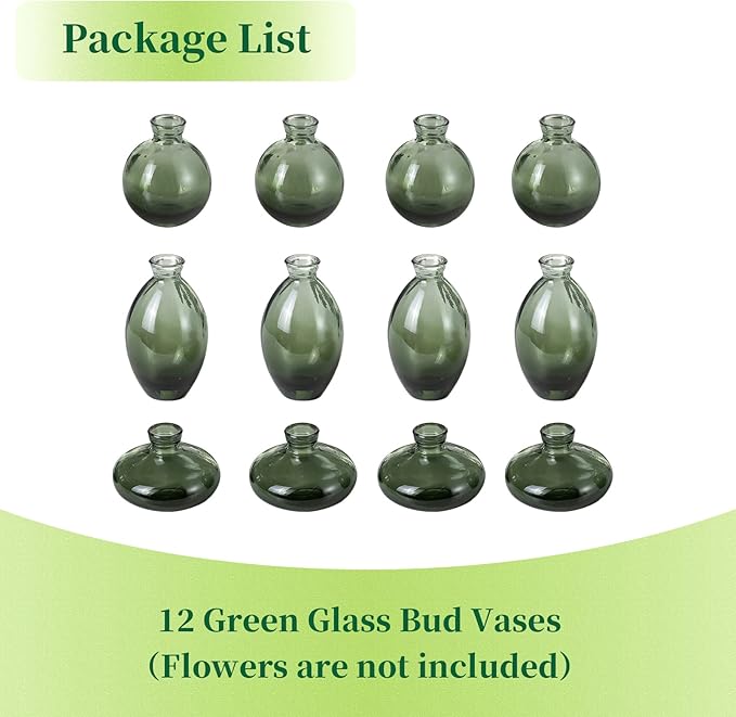 Hewory Glass Bud Vases for Centerpieces: Set of 12 Cute Green Small Vases - Image 7