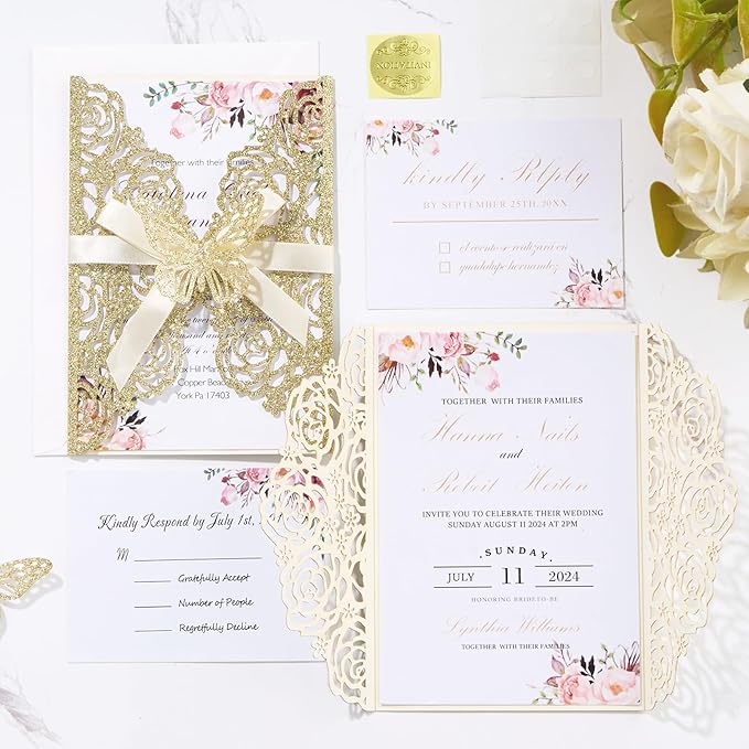 50PCS Gold Glitter Laser Cut Wedding Invitation - Image 7