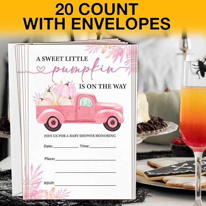 Pumpkin Baby Shower Party Invitations, Fall Pink Pumpkins Truck Baby Shower - Image 4