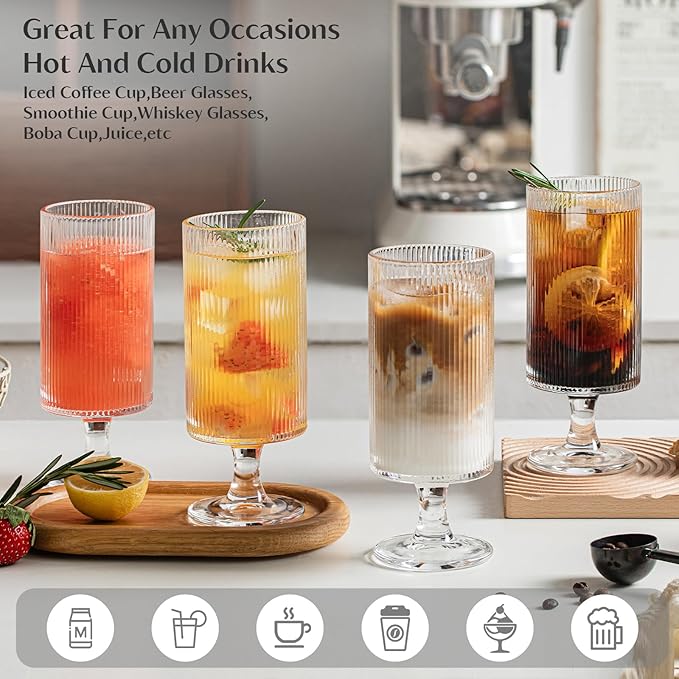 INSETLAN Set of 4 Ribbed Glass Goblets – 12oz Vertical Stripe Stemmed Glassware - Image 3