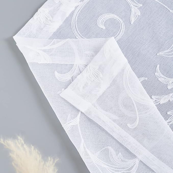 Floral Embroidery Sheer Curtains White 45 Inch Length, Vintage Rod Pocket Voile - Image 5