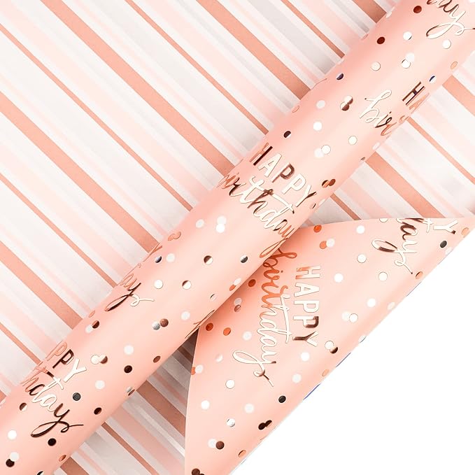 LeZakaa Reversible Pink Birthday Wrapping Paper Roll - Image 7