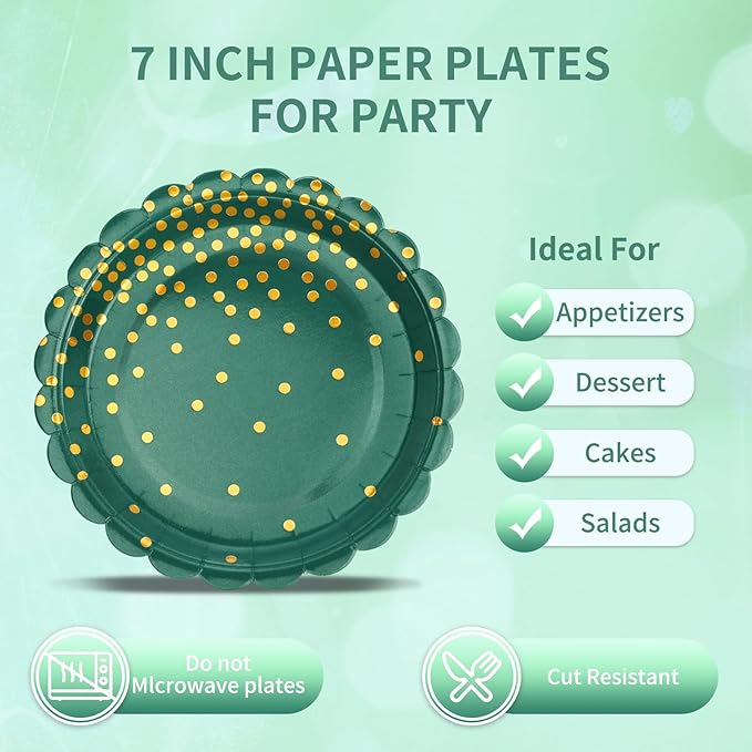 105PCS Green Plates and Napkins Party Supplies, 7” Dessert Paper Plates - Image 3