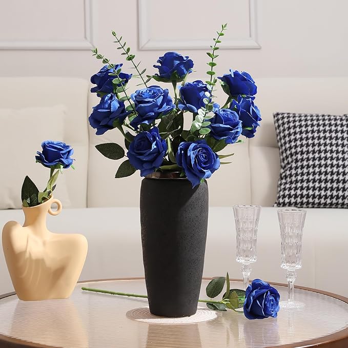 Tifuly Royal Blue Roses Artificial Flowers -12 pcs Realistic Single Long Stem - Image 6