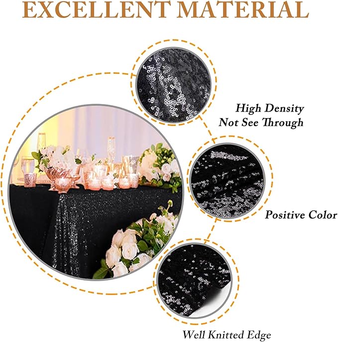ShinyBeauty 2 Pack 72x72 Inch Black Sequin Tablecloths - Image 3