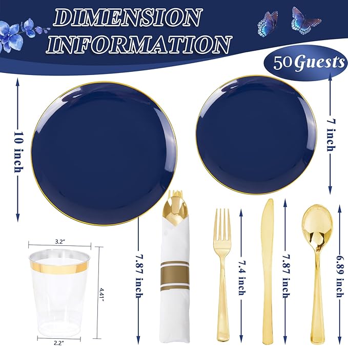KIRE 350Pcs Blue and Gold Plates -Heavy Duty Navy Blue Dinnerware Set - Image 3