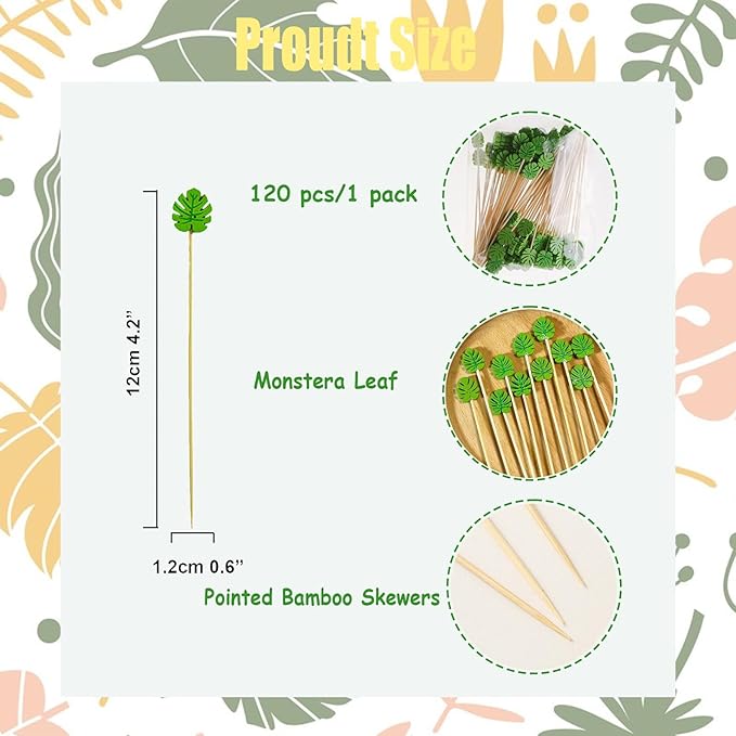 120 Pcs Monstera Leaf Cocktail Picks 4.7" Drinks Fruits Hawaiian Party Food - Image 2