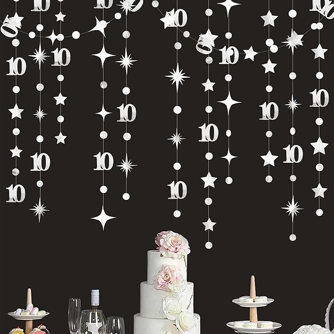 Silver 10th Birthday Decorations Number 10 Circle Dot Twinkle Star Garland - Image 3