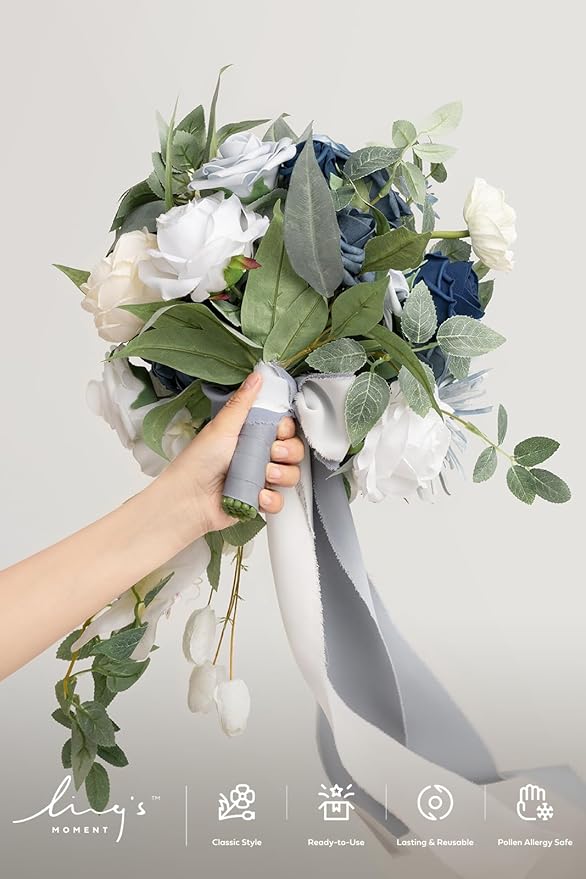 Ling's moment Dusty Blue Bridal Bouquet Cascading, Wedding Bouquets - Image 4