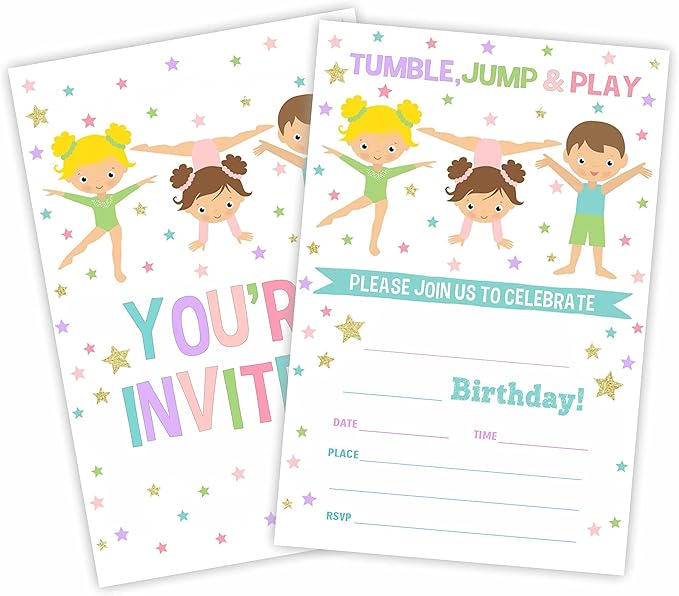 Gymnastics Birthday Party Invitation, Tumble Jump & Play Invite Cards（20 Count) by GREOXG