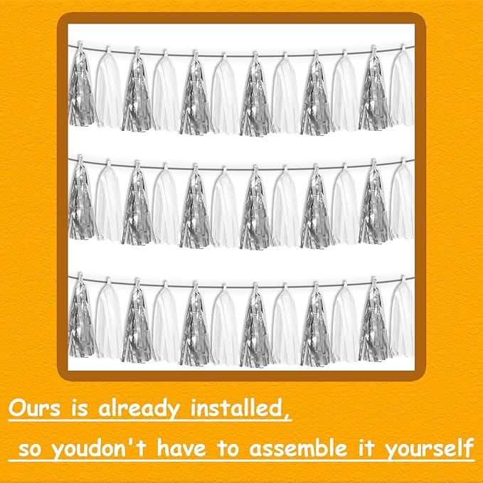 3P White Silver Metallic Fringe Tassel Banner Garland Foil Tinsel Streamer Wall - Image 3