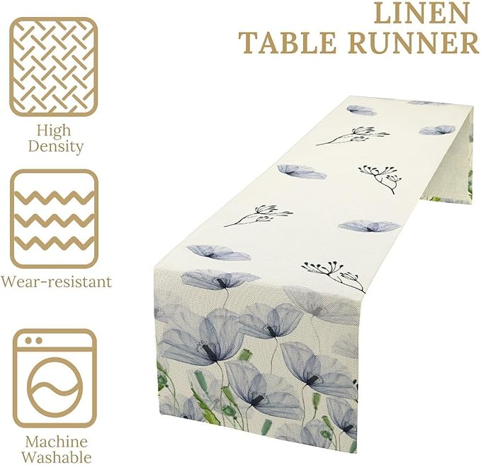 Watercolor Poppy Floral Table Runner, Abstract Seasonal Spring Summer Blue - Image 3