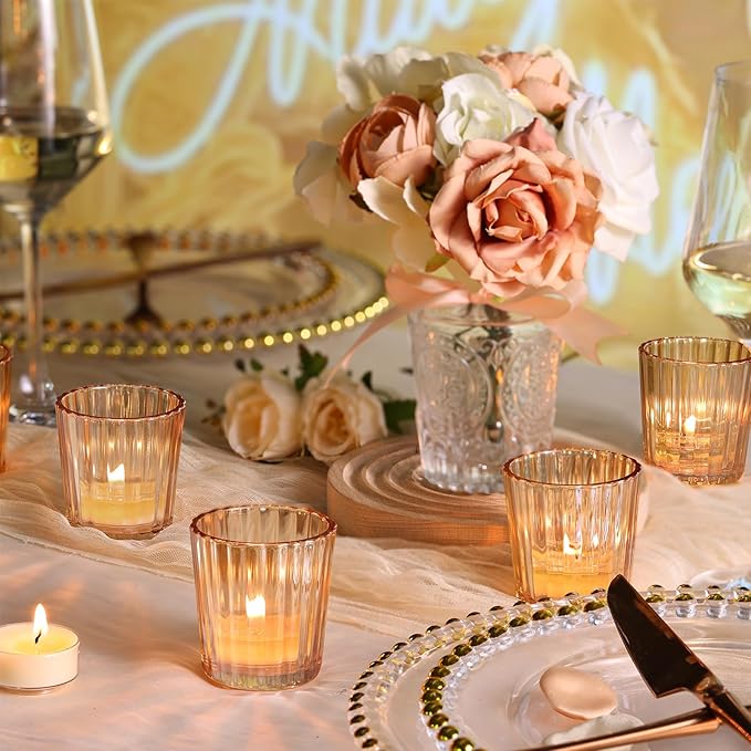 24PCS Vintage Ribbed Gold Votive Candle Holders, Glass Candle Holder - Image 3