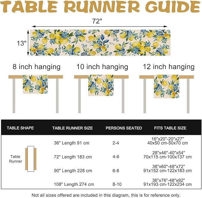 Lemon Blue Flower Dining Table Runner, Spring Summer Fruit Floral Burlap - Image 4