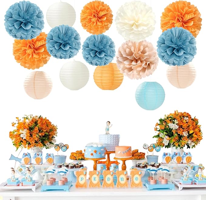 Dusty-Blue Orange Party-Decorations Paper-Flowers Lanterns - Image 5
