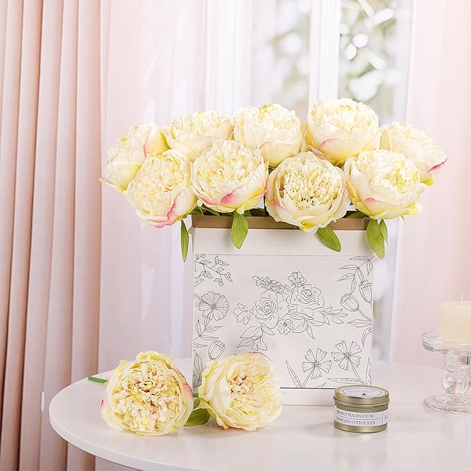 U'Artlines 2 Bouquet 10 Heads Artificial Peony Silk Flower Leaf Home Office - Image 5