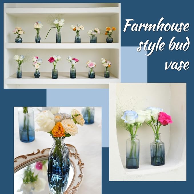 Bud Vases Set of 12, Gradient Blue Glass Vase Vintage Flower Vase - Image 6