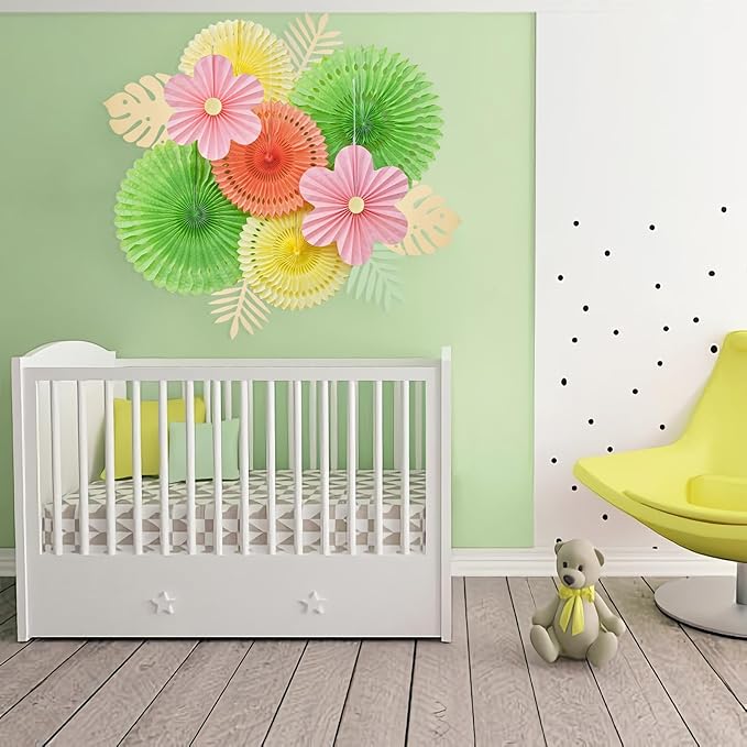 SUNBEAUTY Paper Flowers Pink and Green Party Decorations Hanging Fans Spring - Image 4