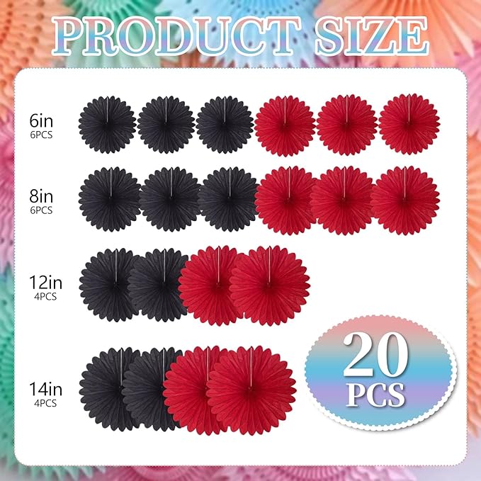20 Pcs Black Red Hanging Paper Fan, Round Paper Fans Decorations Set - Image 2
