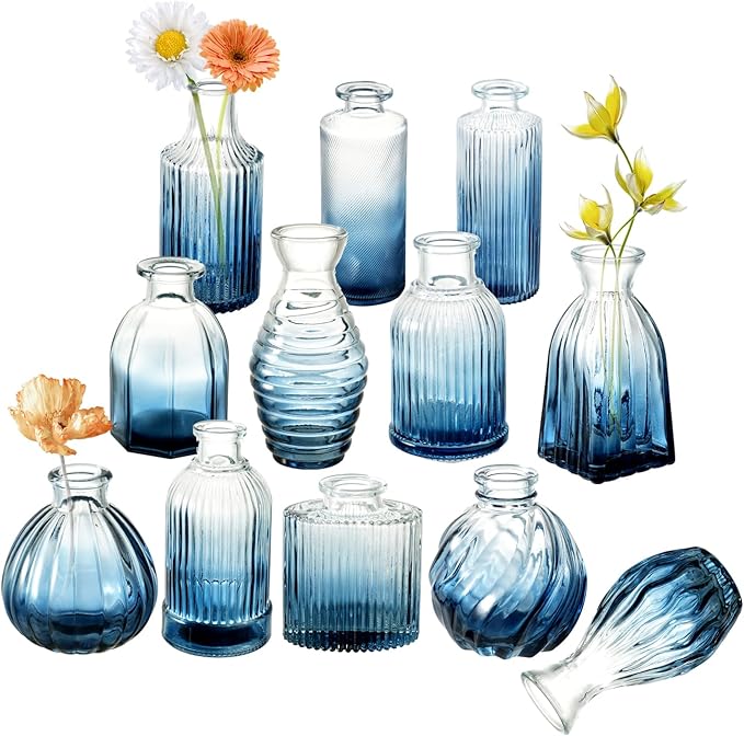 Bud Vases Set of 12, Gradient Blue Glass Vase Vintage Flower Vase by PHUNTTEK