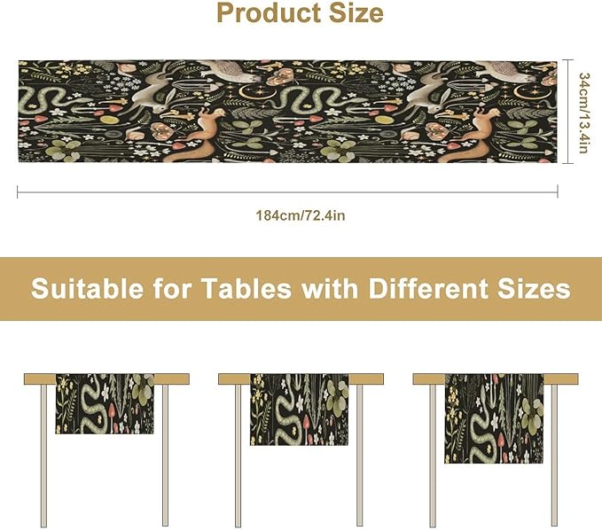 Mushroom Table Runner, Vintage Boho Forest Wild Animal Wildflower Botanical - Image 2